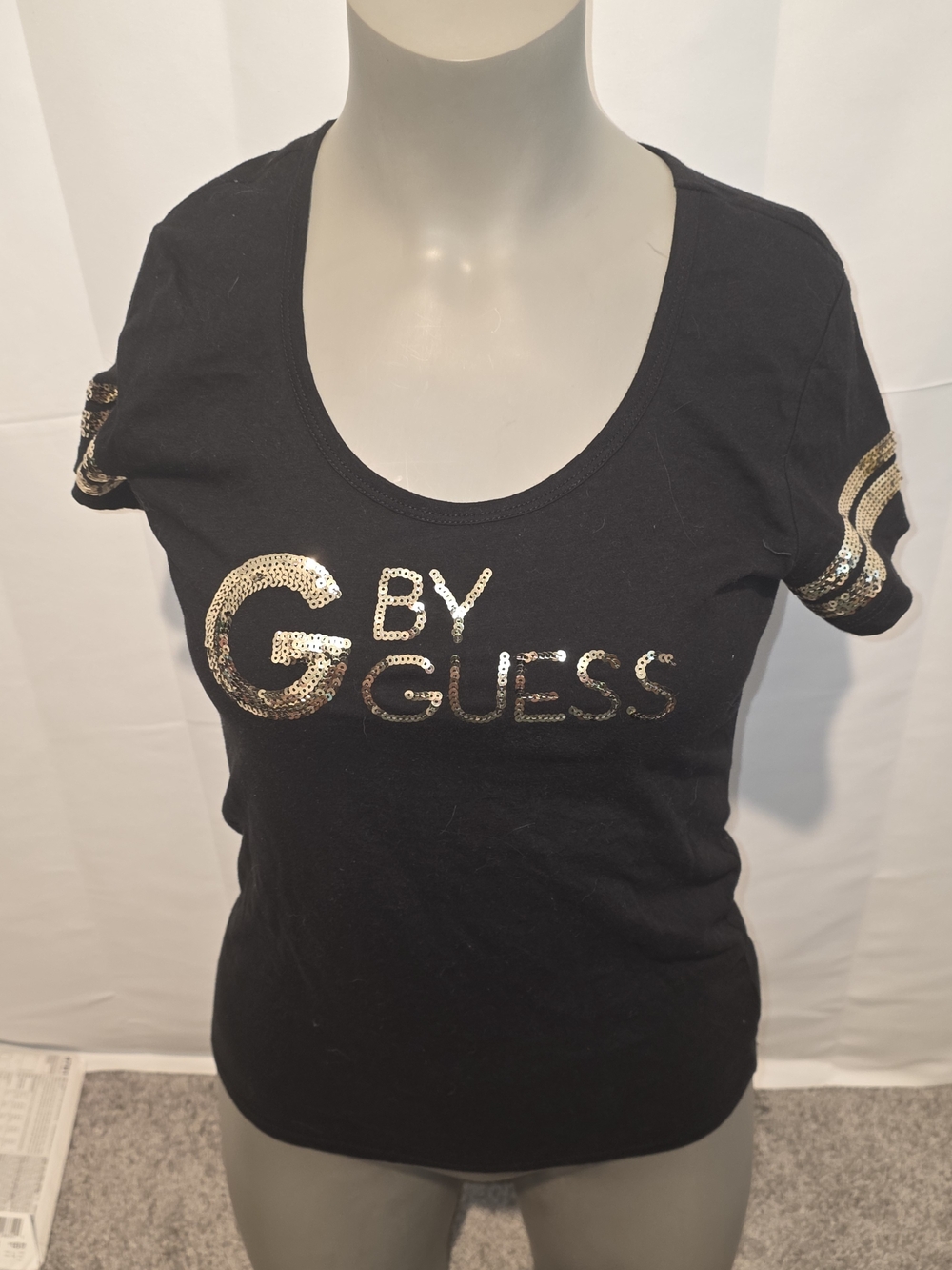 G by Guess Black Short Sleeve Tee with Gold Sequin Logo